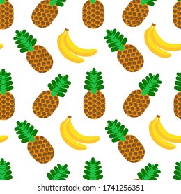 Patrón sin fisuras de plátano y piña. Frutas tropicales orgánicas ricas en vitaminas y minerales. Enfermería y cosecha de ingredientes exóticos. Menú de dieta vegetariana o vegetariana, vectorial en estilo plano