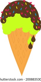banana, pistachio ice cream cone with chocolate icing 
