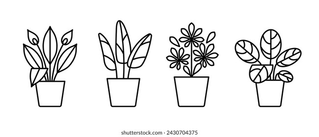 Banana plant indoor, line icon. Potted banana plant. High tropical plant leaves in flower pot. Editable stroke symbol. Linear illustration, thin line, minimalist style.