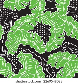 Banana plant leaves vector pattern for textile design, fabric print, wallpaper, digital paper. Palm tree leaf background, jungle vintage style, hand drawn illustration for cafe, spa hotel decoration.