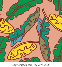 Banana plant leaves vector pattern for textile design, fabric print, wallpaper, digital paper. Palm tree leaf background, jungle vintage style, hand drawn illustration for cafe, spa hotel decoration.