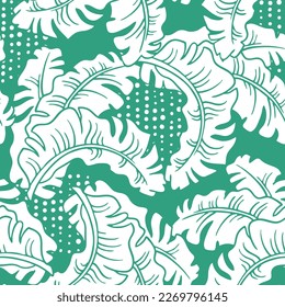 La planta de plátano deja un patrón vectorial para el diseño textil, impresión de tela, papel pintado, papel digital. Fondo de hojas de palmera, estilo vintage jungla, ilustración a mano para café, decoración de hotel spa.