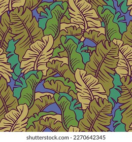 Bananenpflanze hinterlässt Vektormuster für Textil-Design, Stoffdruck, Tapete, Digitalpapier. Palmenblätterhintergrund, Dschungelwinterstil, handgezeichnete Illustration für Café, Spa-Hoteldekoration.