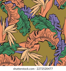 Banana plant leaves vector pattern for textile design, fabric print, wallpaper, digital paper. Palm tree leaf background, jungle vintage style, hand drawn illustration for cafe, spa hotel decoration.