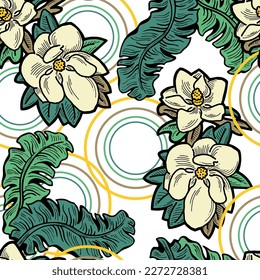 Bananenpflanze hinterlässt Vektormuster für Textil-Design, Stoffdruck, Tapete, Digitalpapier. Palmenblätterhintergrund, Dschungelwinterstil, handgezeichnete Illustration für Café, Spa-Hoteldekoration.