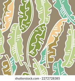 Bananenpflanze hinterlässt Vektormuster für Textil-Design, Stoffdruck, Tapete, Digitalpapier. Palmenblätterhintergrund, Dschungelwinterstil, handgezeichnete Illustration für Café, Spa-Hoteldekoration.