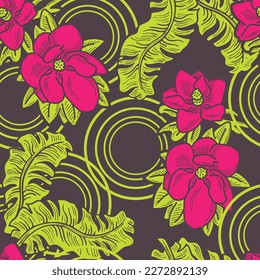 Banana plant leaves vector pattern for textile design, fabric print, wallpaper, digital paper. Palm tree leaf background, jungle vintage style, hand drawn illustration for cafe, spa hotel decoration.