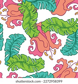 Banana plant leaves vector pattern for textile design, fabric print, wallpaper, digital paper. Palm tree leaf background, jungle vintage style, hand drawn illustration for cafe, spa hotel decoration.
