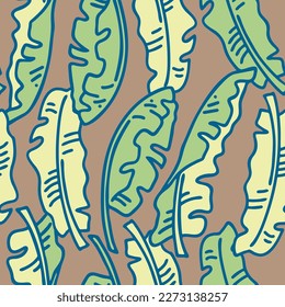 Banana plant leaves vector pattern for textile design, fabric print, wallpaper, digital paper. Palm tree leaf background, jungle vintage style, hand drawn illustration for cafe, spa hotel decoration.