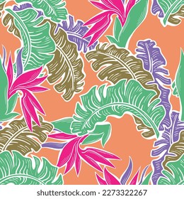 Banana plant leaves vector pattern for textile design, fabric print, wallpaper, digital paper. Palm tree leaf background, jungle vintage style, hand drawn illustration for cafe, spa hotel decoration.