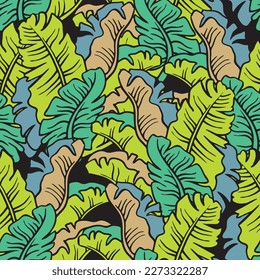 Banana plant leaves vector pattern for textile design, fabric print, wallpaper, digital paper. Palm tree leaf background, jungle vintage style, hand drawn illustration for cafe, spa hotel decoration.