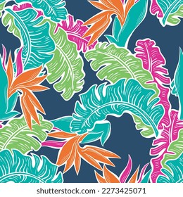 Banana plant leaves vector pattern for textile design, fabric print, wallpaper, digital paper. Palm tree leaf background, jungle vintage style, hand drawn illustration for cafe, spa hotel decoration.