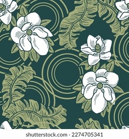 Bananenpflanze hinterlässt Vektormuster für Textil-Design, Stoffdruck, Tapete, Digitalpapier. Palmenblätterhintergrund, Dschungelwinterstil, handgezeichnete Illustration für Café, Spa-Hoteldekoration.