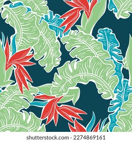 Banana plant leaves vector pattern for textile design, fabric print, wallpaper, digital paper. Palm tree leaf background, jungle vintage style, hand drawn illustration for cafe, spa hotel decoration.