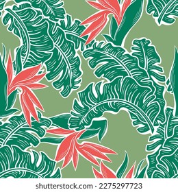 Banana plant leaves vector pattern for textile design, fabric print, wallpaper, digital paper. Palm tree leaf background, jungle vintage style, hand drawn illustration for cafe, spa hotel decoration.