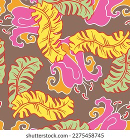 Banana plant leaves vector pattern for textile design, fabric print, wallpaper, digital paper. Palm tree leaf background, jungle vintage style, hand drawn illustration for cafe, spa hotel decoration.