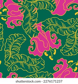 Banana plant leaves vector pattern for textile design, fabric print, wallpaper, digital paper. Palm tree leaf background, jungle vintage style, hand drawn illustration for cafe, spa hotel decoration.