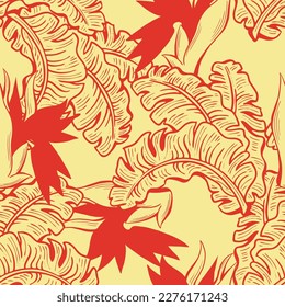 Banana plant leaves vector pattern for textile design, fabric print, wallpaper, digital paper. Palm tree leaf background, jungle vintage style, hand drawn illustration for cafe, spa hotel decoration.
