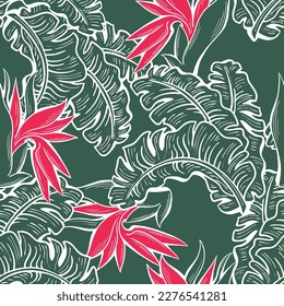 Banana plant leaves vector pattern for textile design, fabric print, wallpaper, digital paper. Palm tree leaf background, jungle vintage style, hand drawn illustration for cafe, spa hotel decoration.