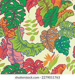 Banana plant leaves vector pattern for textile design, fabric print, wallpaper, digital paper. Palm tree leaf background, jungle vintage style, hand drawn illustration for cafe, spa hotel decoration.