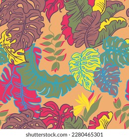 Banana plant leaves vector pattern for textile design, fabric print, wallpaper, digital paper. Palm tree leaf background, jungle vintage style, hand drawn illustration for cafe, spa hotel decoration.