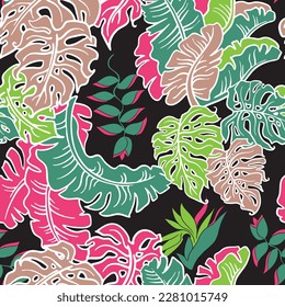 La planta de plátano deja un patrón vectorial para el diseño textil, impresión de tela, papel pintado, papel digital. Fondo de hojas de palmera, estilo vintage jungla, ilustración a mano para café, decoración de hotel spa.