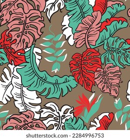 Bananenpflanze hinterlässt Vektormuster für Textil-Design, Stoffdruck, Tapete, Digitalpapier. Palmenblätterhintergrund, Dschungelwinterstil, handgezeichnete Illustration für Café, Spa-Hoteldekoration.