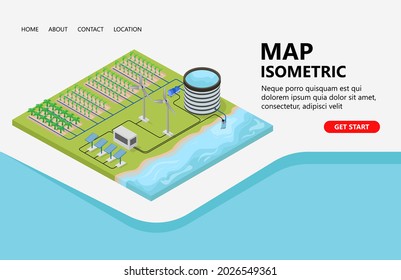 Banana plantation map illustration. complete with irrigation waters. perfect for landing pages, headers, flyers, banners, infographics and other graphic assets in an isometric vector style