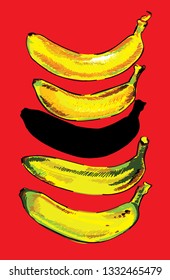 
Banana poster. Rotten banana. Satire, humor. Bright multicolored background. Pop art drawing markers.