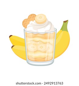 Banana pudding in a glass vector illustration. Banana custard with vanilla wafers and whipped cream drawing. Layered banana creamy dessert icon isolated on a white background