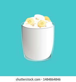 Banana pudding. Healthy vegan snack in glass. Homemade cuisine. Vector illstration isolated on blue background.