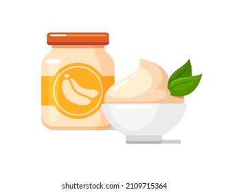 Banana Puree In Baby Food Jar With Label. White Ceramic Bowl With Yogurt Or Ice Cream. Kids Nutrition Icon. Vector Colorful Flat Illustration Isolated On White Background