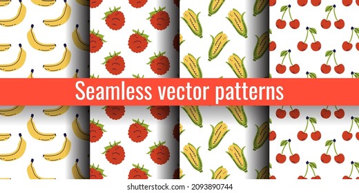 Banana, raspberry, corn and cherry. Fruit seamless pattern bundle. Color illustration collection in hand-drawn style. Vector repeat background set