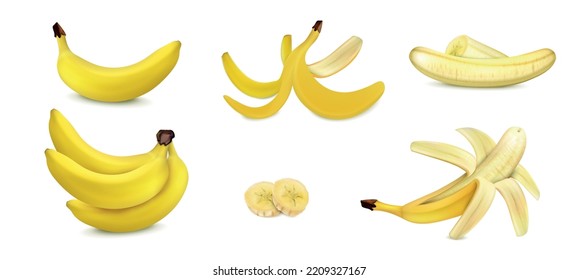 Banana realistic set with isolated peeled and unpeeled fruit with slices vector illustration