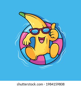 Banana Relax on Swim Ring with Thumb Up. Fruit Vector Icon Illustration, Isolated on Premium Vector