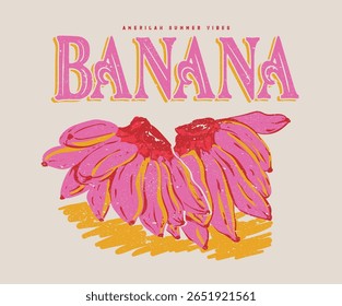 Banana retro art. Nature fruit club print design. Organic food artwork for for t shirt and poster. Fruits of the spirit. Vintage banana art. Summer food poster design.