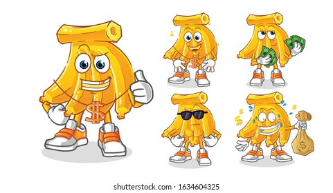 banana rich man 5 styles cartoon.  including holding money, gold necklaces, money bags, sunglasses. cartoon mascot vector