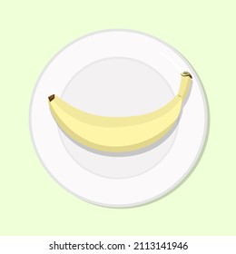 Banana ripe yellow, healthy diet meal on plate. Vector illustration. Simple flat stock image. Tropical fruit on table, healthy vegetarian food nutrition 