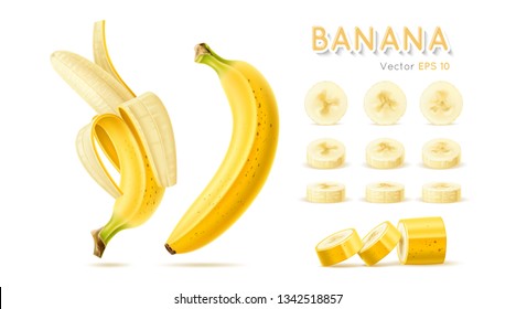 Banana ripe, yellow. Set of tropical fruits. 3D realistic vector illustration