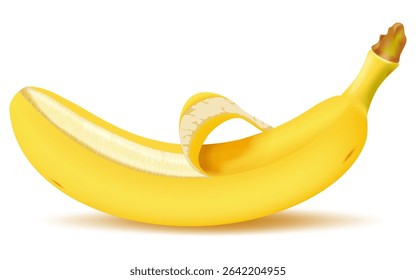 Banana. Ripe yellow tropical fruit. Partially open, peeled. White background. Close-up. Stylized, realistic graphic. Used for packaging design, websites, marketing, food industry.