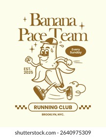Banana running club logo illustration, cartoon mascot illustration, retro mascot template, banana illustration