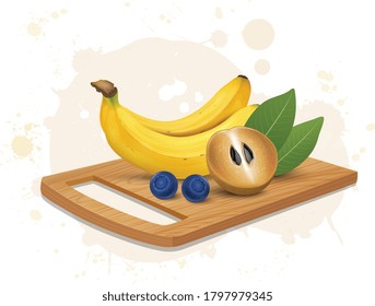 Banana and Sapodilla Fruit vector illustration with Sapodilla leaves and berries