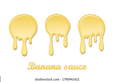 Banana sauce drip jam 3D set. Sweet milk cream, splash drops isolated white background. Tropical fruit splashing. Realistic syrup design. Jelly drop dessert. Berry sauce dripping Vector illustration