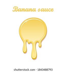 Banana sauce drip jam 3D. Sweet milk cream, splash drops isolated white background. Tropical fruit candy splashing. Realistic syrup design. Jelly drop dessert. Berry sauce dripping Vector illustration