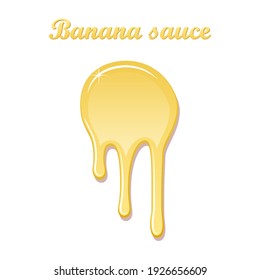 Banana sauce drip jam 3D. Sweet milk cream, splash drops isolated white background. Tropical fruit candy splashing. Realistic syrup design. Jelly drop dessert. Berry sauce dripping Vector illustration