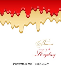 Banana sauce and raspberry jam seamless pattern. Drip fruit yogurt, strawberry isolated background. Sweet melting double dessert. Dripping 3d liquid design. Drop melted syrup Vector illustration