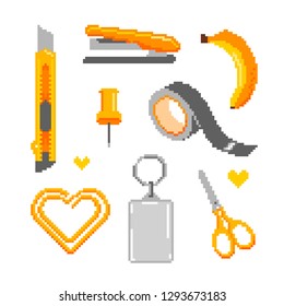 Banana school drawing tools, scissors, stationery knife, heart clip, plastic key chain, push pin, stapler and masking tape