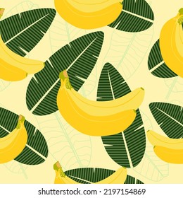 Fondo de patrón de caricatura sin fisuras de plátano bananero, fruto vectorial, litera de banana amarilla sin costura ilustración. bananas sin costura y hojas de color plano. Pasos vectoriales de fondo de fruta10
