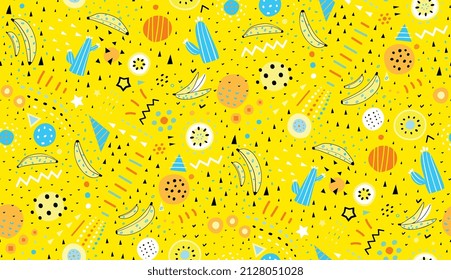 Banana nahtlose Muster Hintergrund mit Kakteen und Keksen, Wiederholungsmuster für Kinder-Design, Bananenverpackungspapier. Textilabdruck für Jungen und Mädchen. Trendy Stil Vektorgrafik handgezeichnet Design.