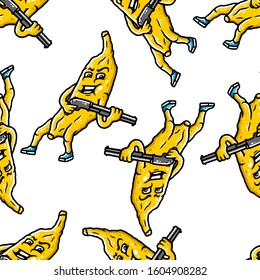 Banana Seamless Pattern. Banana Cartoon Style Seamless Pattern. Cartoon Banana With Guns on white background isolated. Stock Vector Illustration. Cartoon style.
